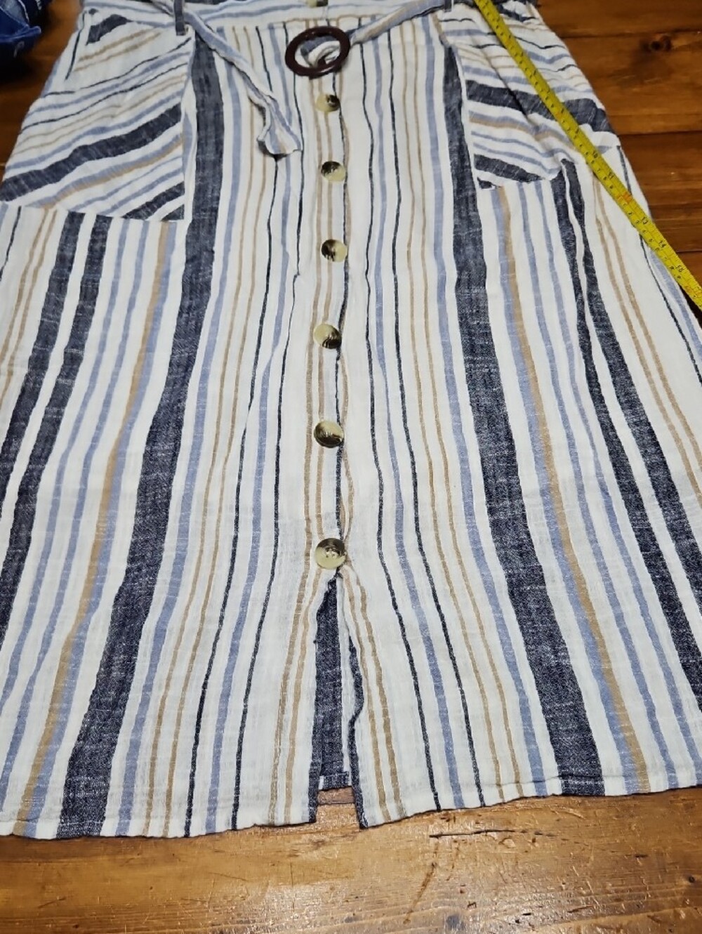 Striped Button-Front Midi Skirt in Blue, White & Tan - Picture 7 of 8